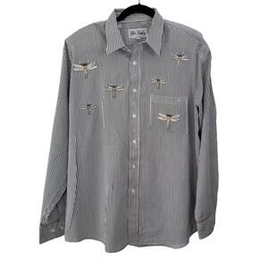 Get Lucky Size L Sequined Dragonfly Striped Button‎ Up Shirt Mature Nature